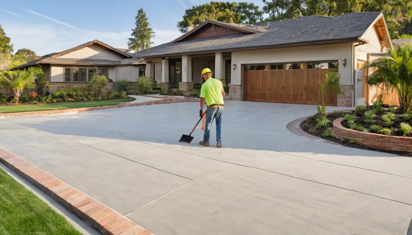 Fresh concrete driveway with a smooth broom finish in front of a brick ranch home in the Grapevine area
